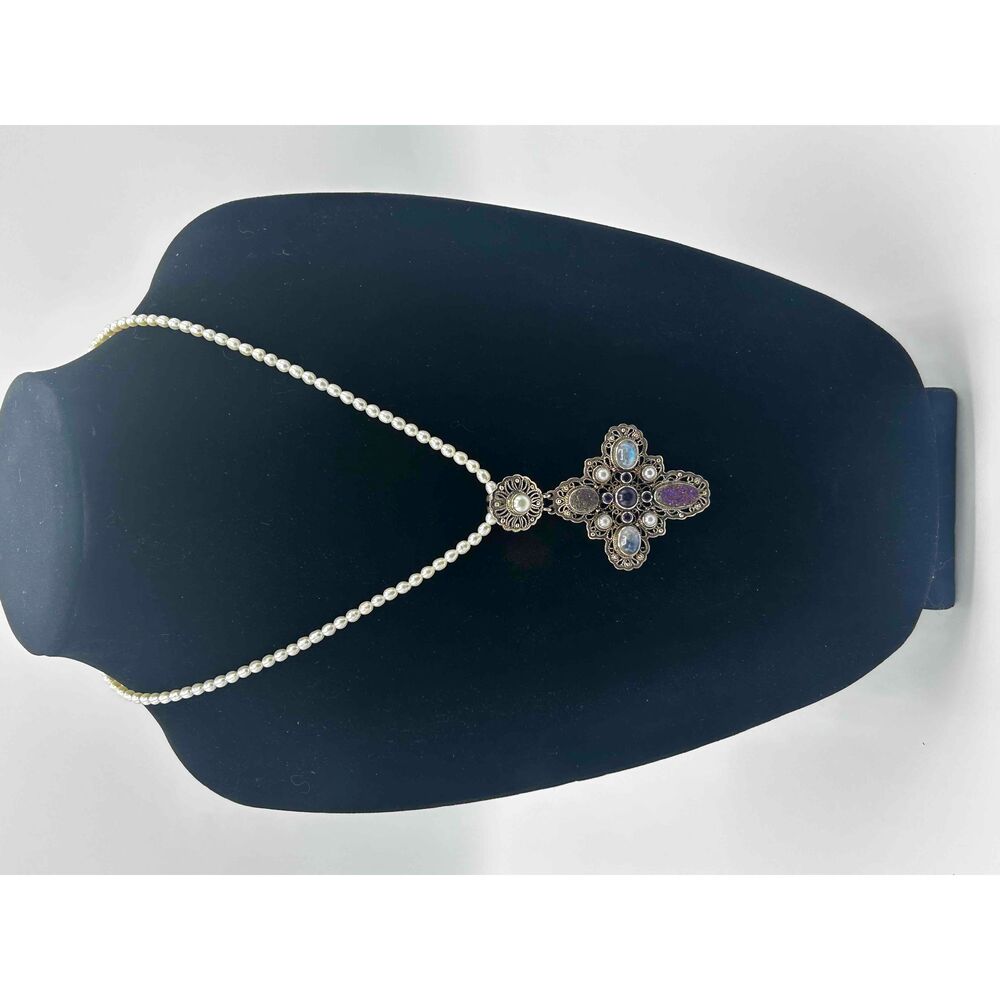 Vintage Nicky Butler Pearl Chain Pendant Necklace Ornate Cross Design
